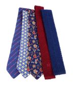 Hermes, two silk and two knitted ties and two with printed designs, one with belts, the other with