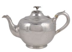 Ω A Victorian silver spherical tea pot by Robert Hennell III, London 1865, with a flower finial