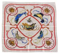 Hermes, Springs, a red, cream and blue silk scarf, designed by Philippe Ledoux, with carriages and