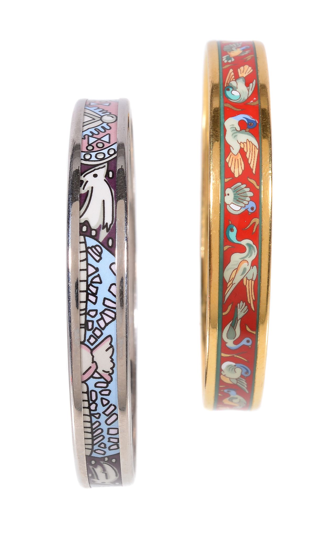 Hermes, two gilt metal and enamel bangles, ducks on a red ground and stylised artwork, each 6.5cm - Image 2 of 2