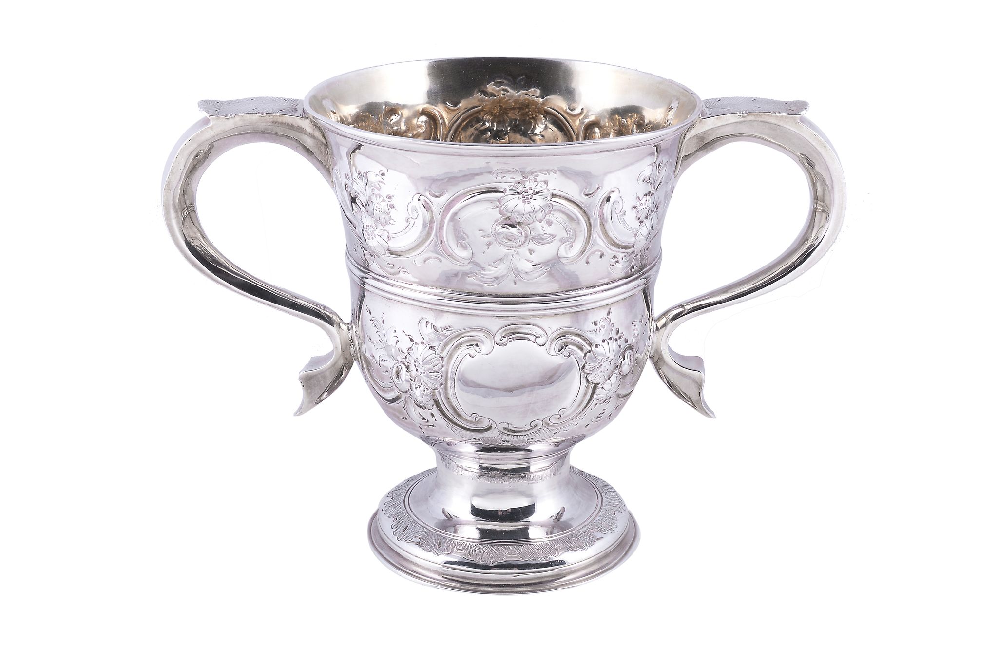 An early George III silver twin handled cup, mark of Thomas Wallis I over-striking that of another,