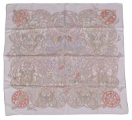 Hermes, two silk scarves, the first titled La Charmante Aux Animaux , in cream, pink and red; the