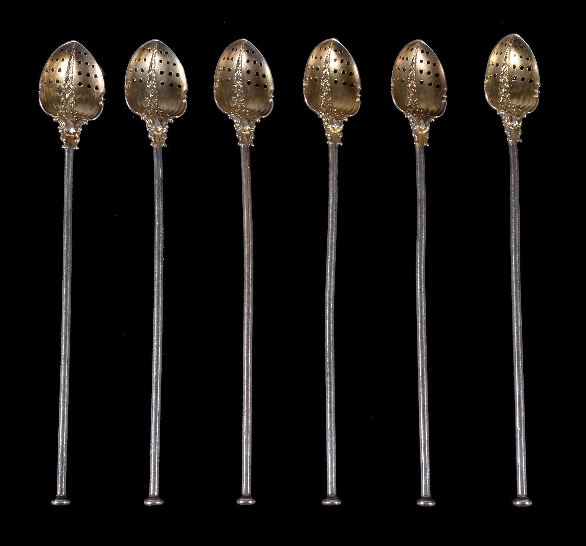 A set of six American silver coloured drinking straws or bombillas by Gorham, date code for 1900,