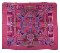 Hermes, three silk scarves, the first titled L'Art Indien Des Plaines , in purple, blue and taupe,