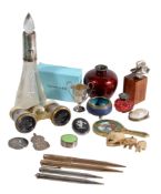 A collection of objects and small silver, including: a Victorian silver mounted ruby glass smelling