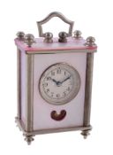 Ω A miniature nickel and mother of pearl carriage clock, no. 93017, silvered engine turned dial,