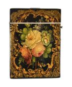 A Victorian rectangular painted papier mache card case, painted to the front and back with