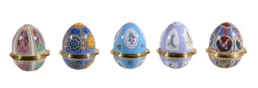 Five Halcyon Days enamel Easter eggs, 2012 to 2016, each in its box