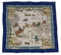Hermes, L'Hiver, a blue and cream silk scarf, designed by Philippe Ledoux, with a winter scene, to
