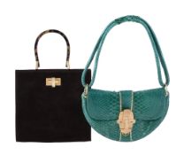 Christian Louboutin, a green python handbag, with single loop handle, with a gilt metal tribal mask