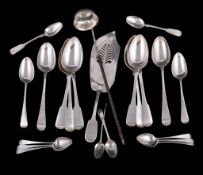 A collection of silver flatware, including: a set of six late George III fiddle pattern table