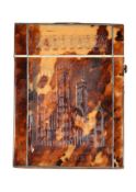 Ω A scarce Victorian pressed tortoiseshell and pewter strung rectangular card case, with a view and