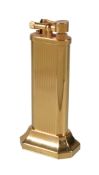 Dunhill, a gold plated Unique gas table lighter, recent, with vertical linear decoration, engraved