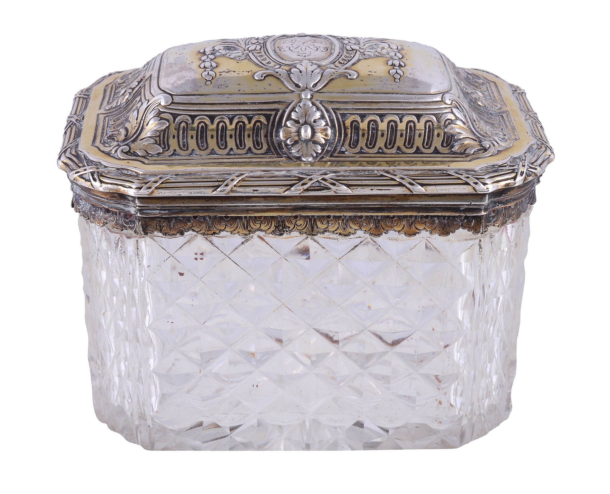 A silver gilt mounted cut glass canted-rectangular tea caddy in French taste, no maker's mark, two