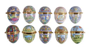 Ten Halcyon Days enamel Easter eggs, 2000, 2002 to 2004, 2006 to 2011, each in its box; with some