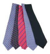 Hermes, five silk ties, one with blue anchor pattern, one black with horseshoe motif, one with