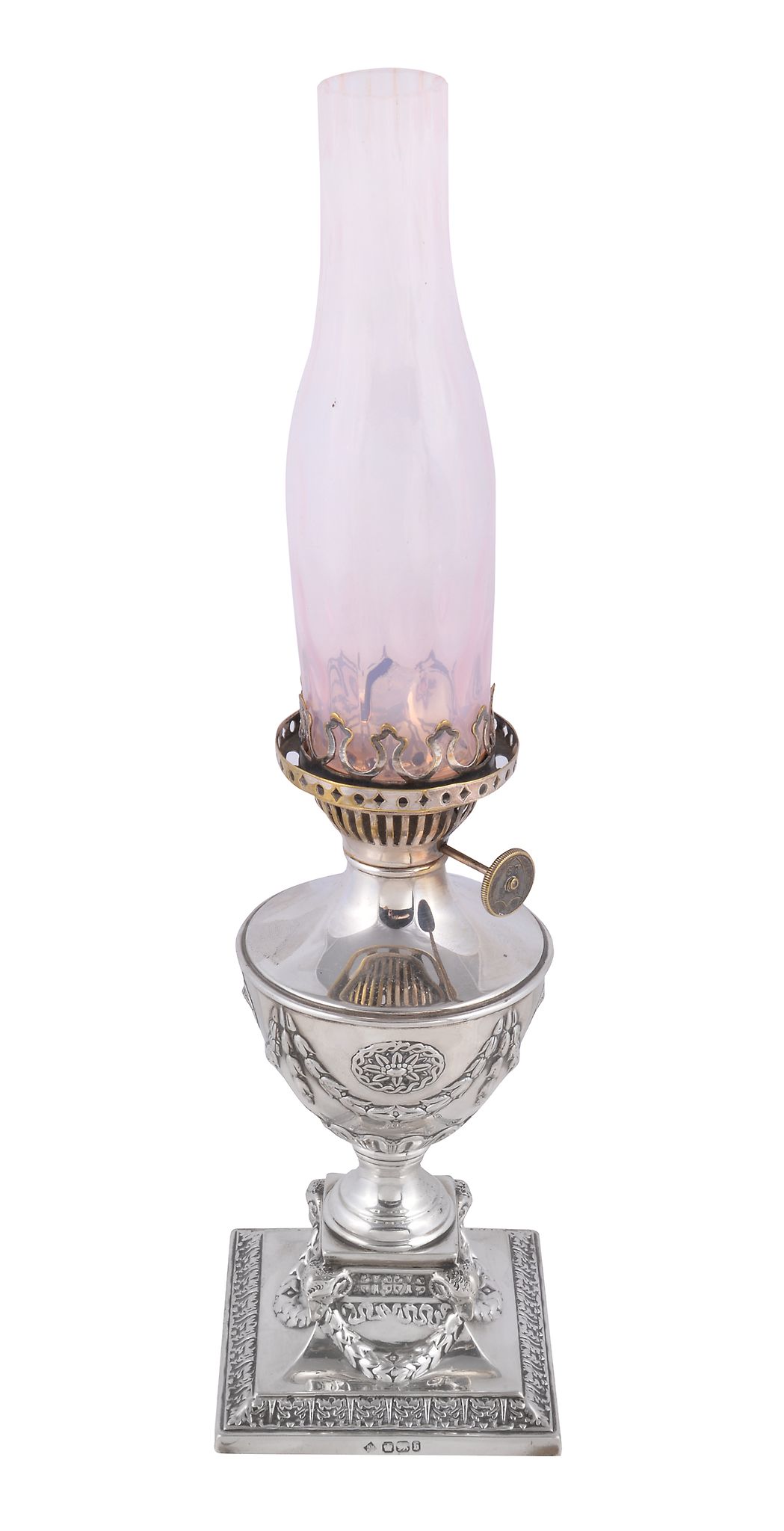 A late Victorian silver small vase shape table oil lamp by Martin, Hall & Co., Sheffield 1894, in