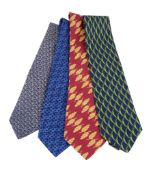 Hermes, two silk ties, one with black foliate pattern, one with geometric design; Gucci, two silk