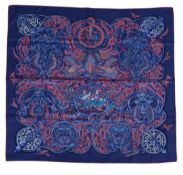 Hermes, two silk scarves, the first titled La Charmante Aux Animaux , in royal blue and red; the