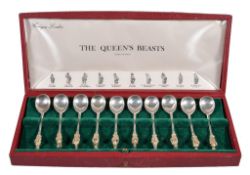 A set of ten silver The Queen's Beasts commemorative spoons by Williams Comyns & Sons, London 1972,