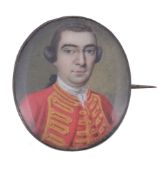 Ω Modest School (circa 1760) Portrait of a gentleman wearing a gold braided red jacket and