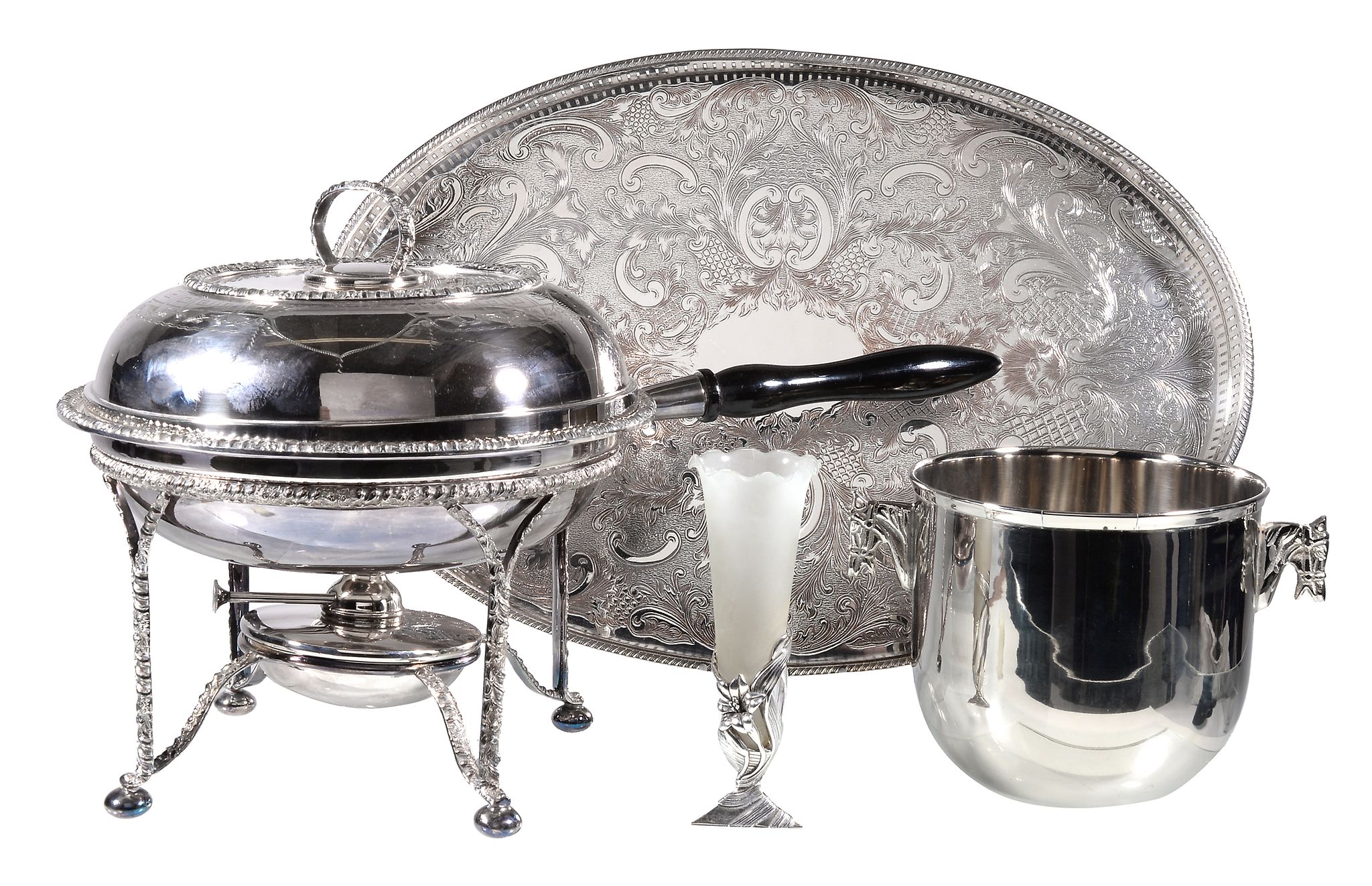 An electro-plated chafing dish on warming stand, an oval tray, an ice pail and a vase