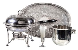 An electro-plated chafing dish on warming stand, an oval tray, an ice pail and a vase