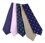 Turnbull & Asser, a silk tie, dark purple with dot pattern; Lancel, a silk tie, with geometric