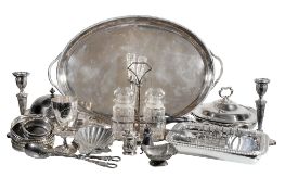A collection of electro-plated items, to include: an oval twin handled tray, with gadrooned border,
