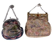 Two needlework evening bags, early 20th century, the first with a French silver frame, apparently