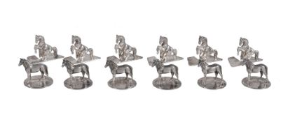 Two sets of six Italian silver coloured horse menu card or place name holders, the first modelled