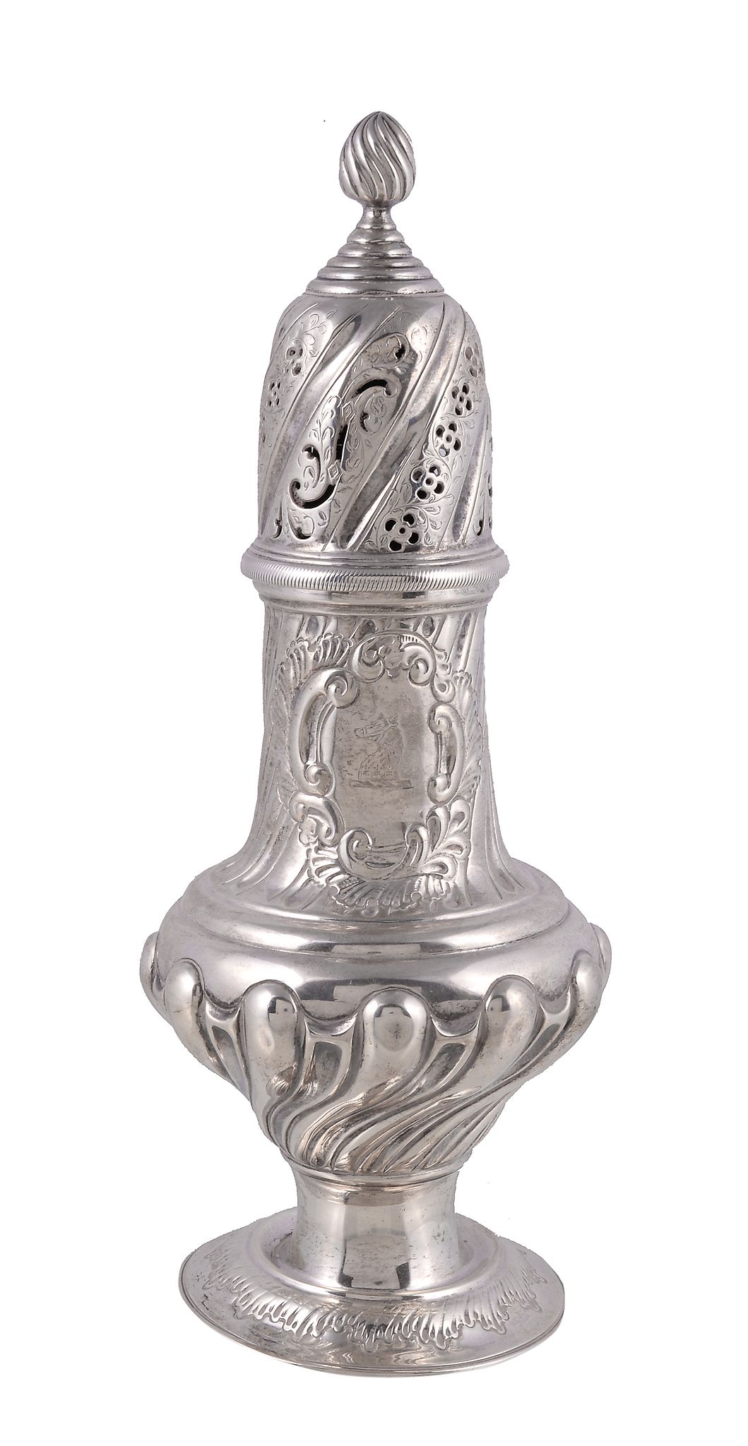 A late Victorian silver ogee baluster sugar caster by Samuel Walton Smith, London 1900, with a