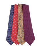 Hermes, four silk ties, one with grape vine pattern, one with ostrich motif, and two with geometric