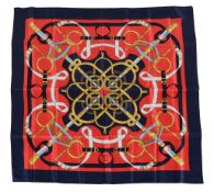 Hermes, Eperon d'Or, a red, white and blue silk scarf, designed by Henri d'Origny, with spurs,