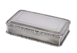 An early Victorian silver rectangular snuff box by Nathaniel Mills, Birmingham 1838 (William IV