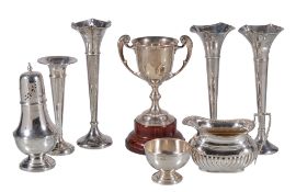 A collection of silver items, to include: a twin handled trophy cup by Barker Brothers, Chester