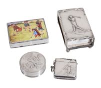 [Golf] Four silver small boxes, comprising: a matchbox holder by Walker & Hall, Birmingham 1911?,