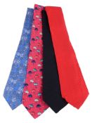 Hermes, four silk ties, one with blue floral pattern, one with umbrella motif, one red striped and