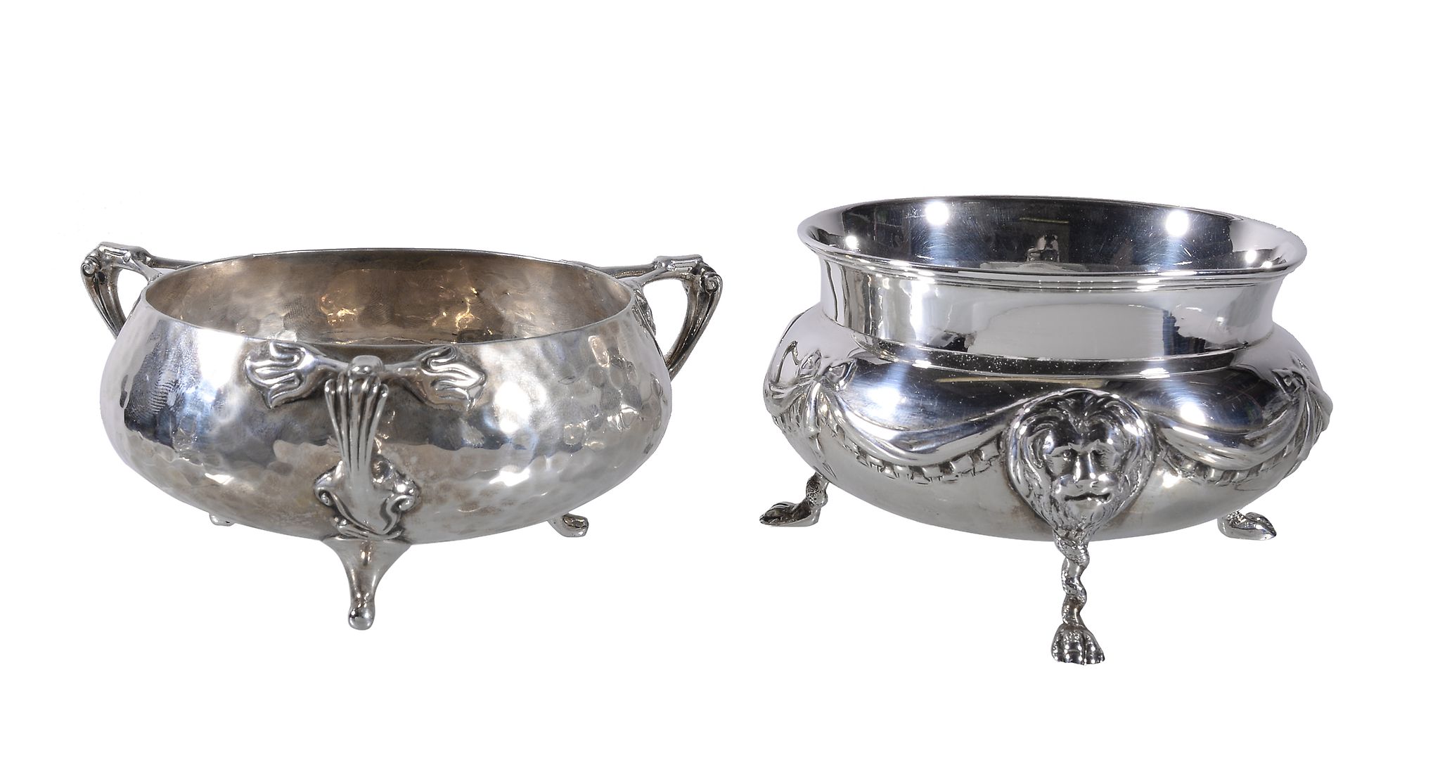 Two Edwardian silver sugar bowls, the first Arts and Crafts by Charles Edwards, London 1904,