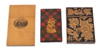 Three 19th century rectangular wooden card cases, the first Mauchline ware, transfer printed with a