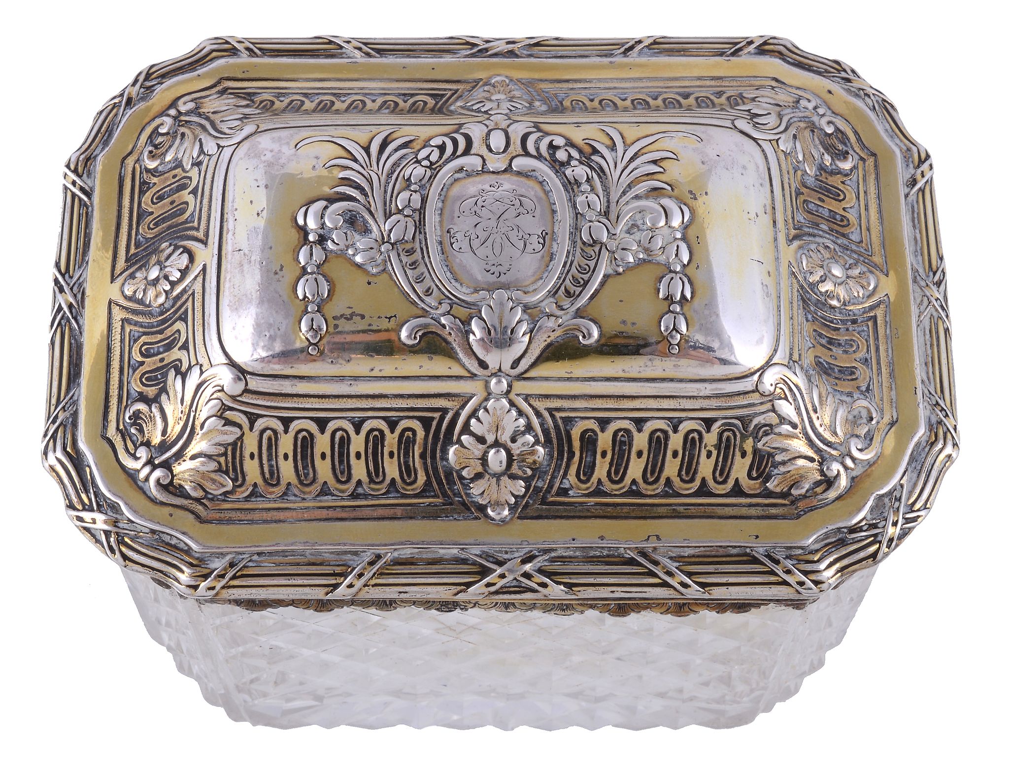 A silver gilt mounted cut glass canted-rectangular tea caddy in French taste, no maker's mark, two - Image 2 of 2