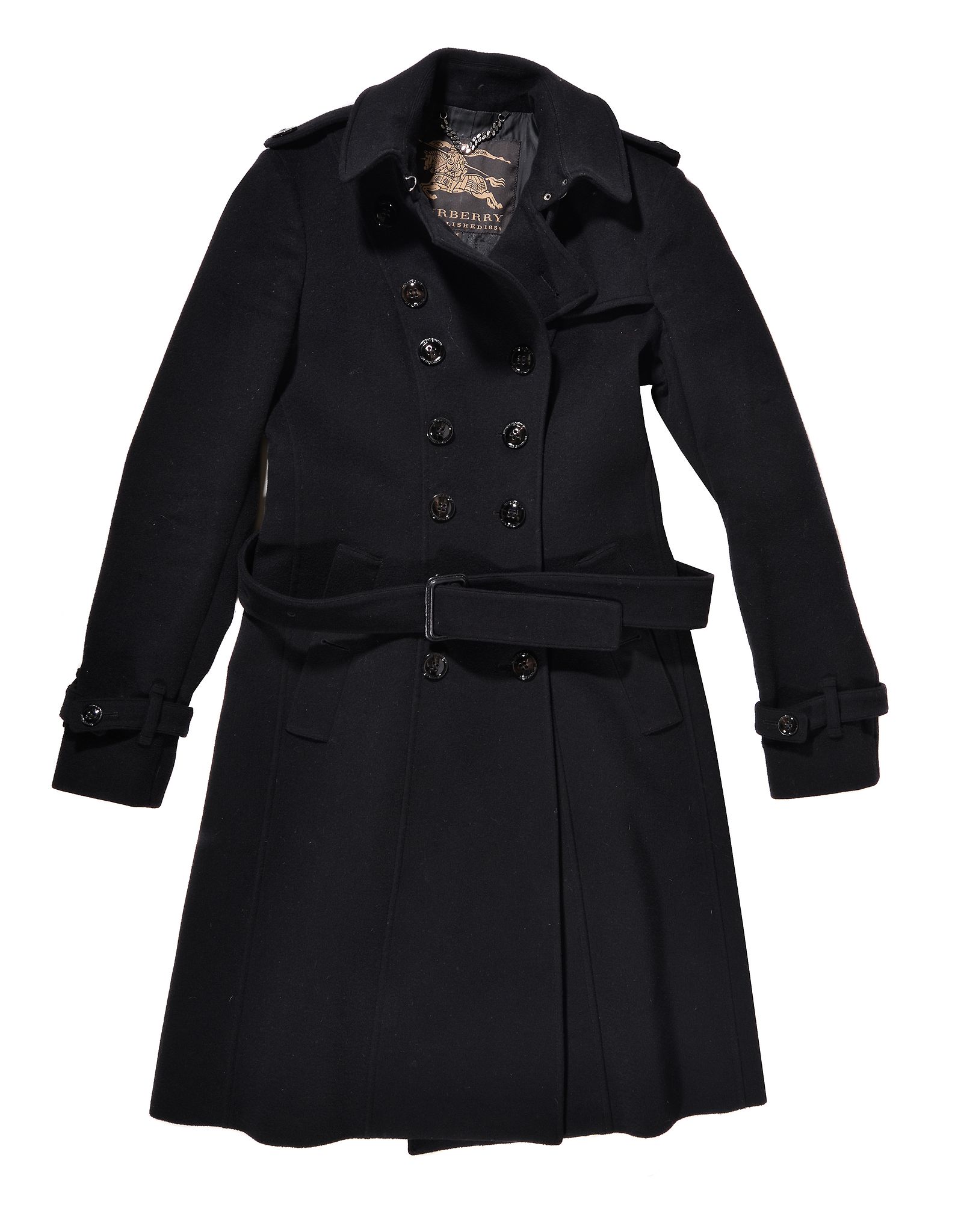 Burberry, a black wool and cashmere coat, with a double breasted button down front and two front