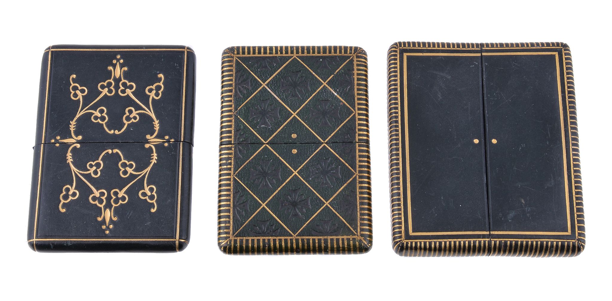 Three Victorian rounded rectangular green leather card cases, comprising: an u nusual example by De