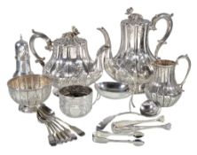 Five silver items and various plated wares, including: a Victorian baluster cream jug and a footed