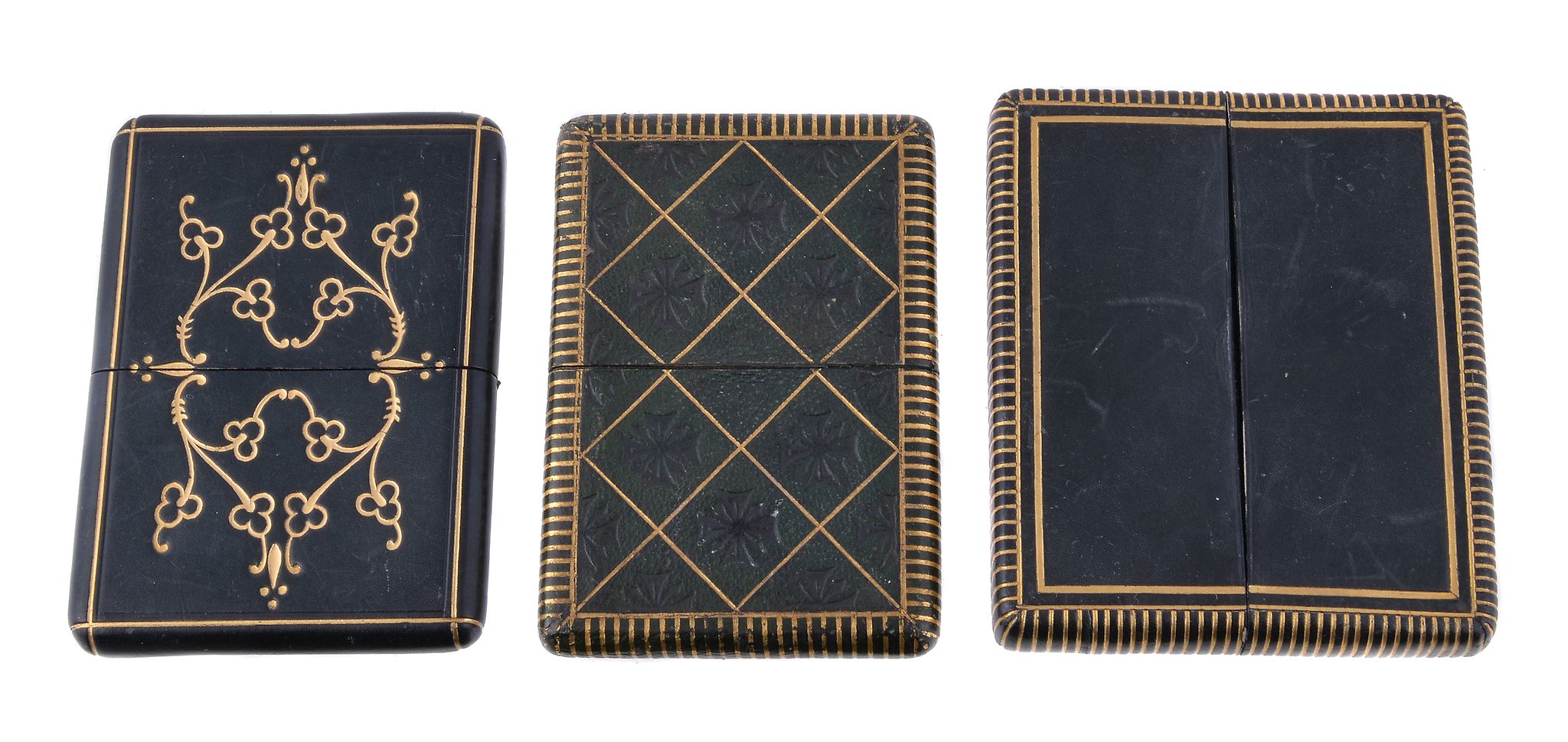 Three Victorian rounded rectangular green leather card cases, comprising: an u nusual example by De - Image 2 of 2