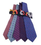 Hermes, five silk ties and a bowtie, one with blue anchor pattern, one with a wave and star