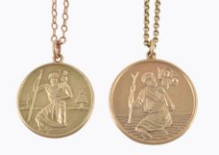 Two 9 carat gold St Christopher pendants , the circular pendants each suspended from a belcher link