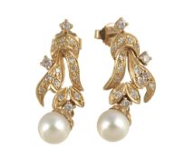 A pair of cultured pearl and diamond ear pendants, of foliate design, set with brilliant cut