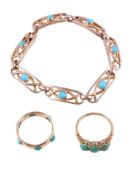 A late Victorian turquoise set bracelet, circa 1900, the pierced oval panels each centred with a