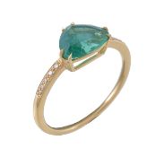 An emerald and diamond ring, the fancy cut emerald claw set between brilliant cut diamond set